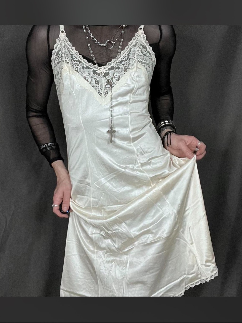 60s/70s Vintage Lace-Trim Satin Slip Dress